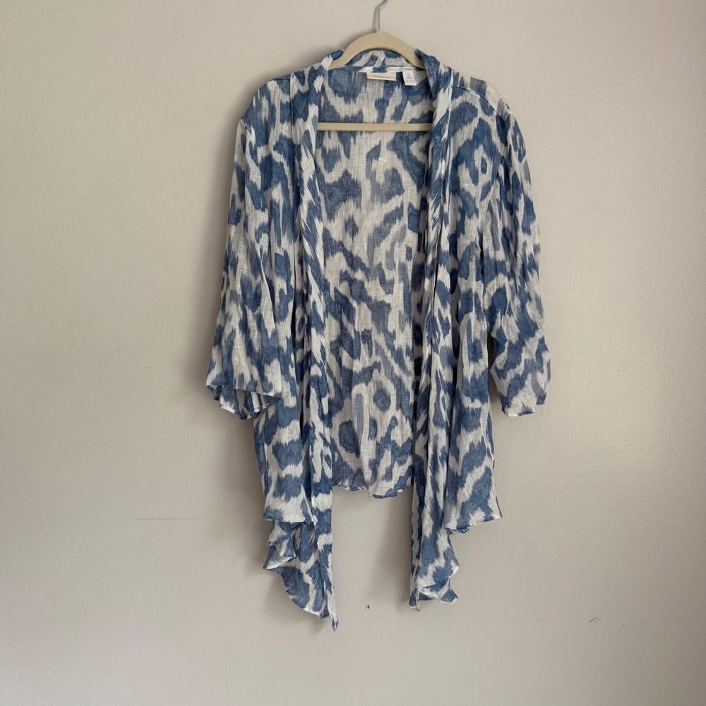 Chicos Blue White‎ Ikat Linen Open Front Cardigan Wrap Kimono Size 3 XL